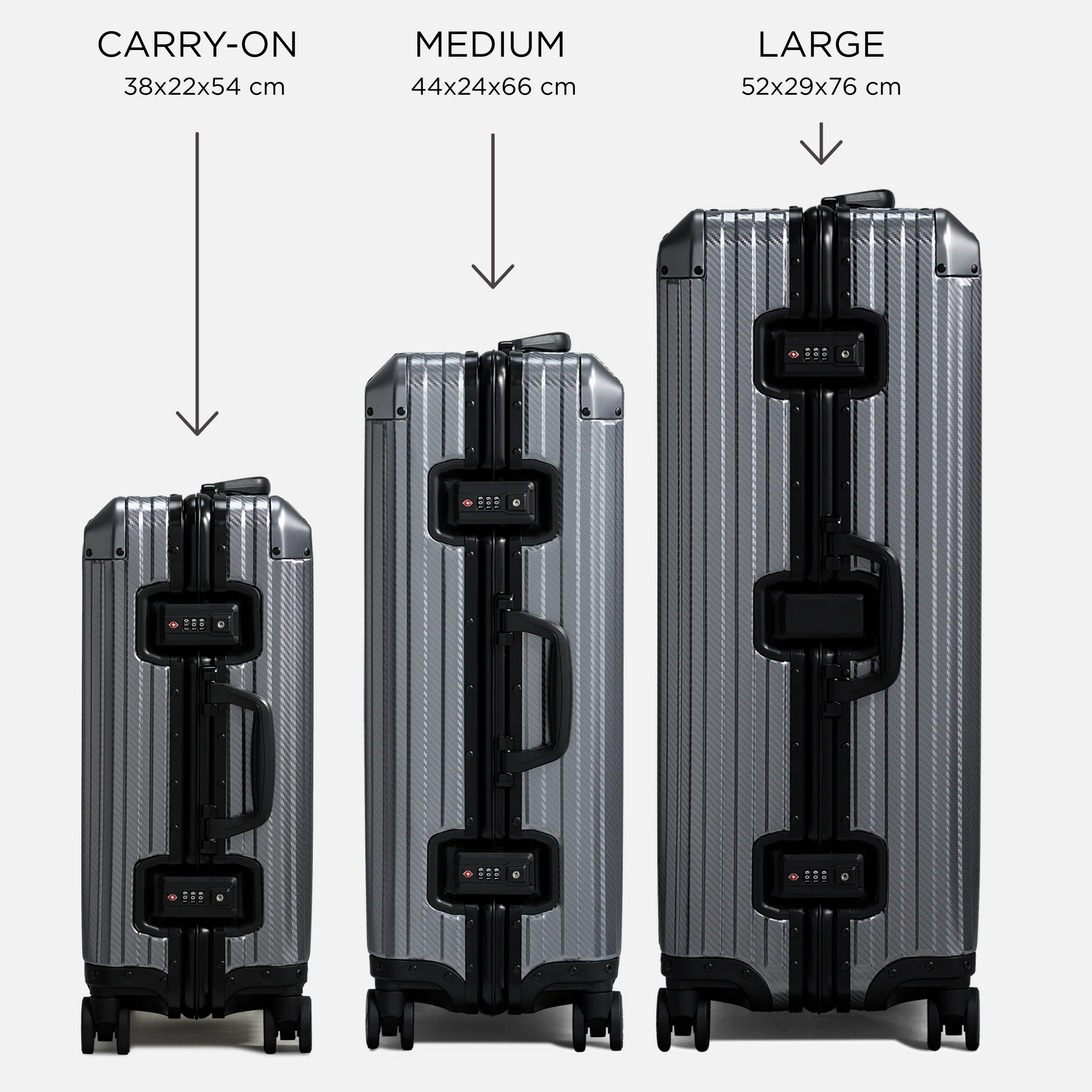 Nordcase Trava størrelsessammenligning - Carry-on, medium og large kufferter