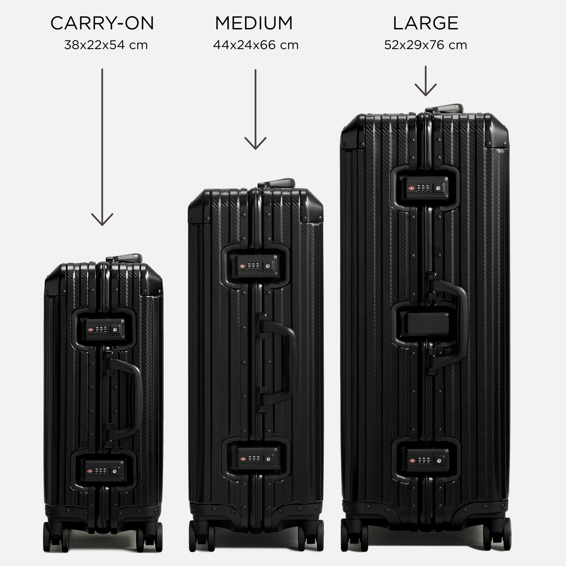 Nordcase Trava størrelsessammenligning - Carry-on, medium og large kufferter