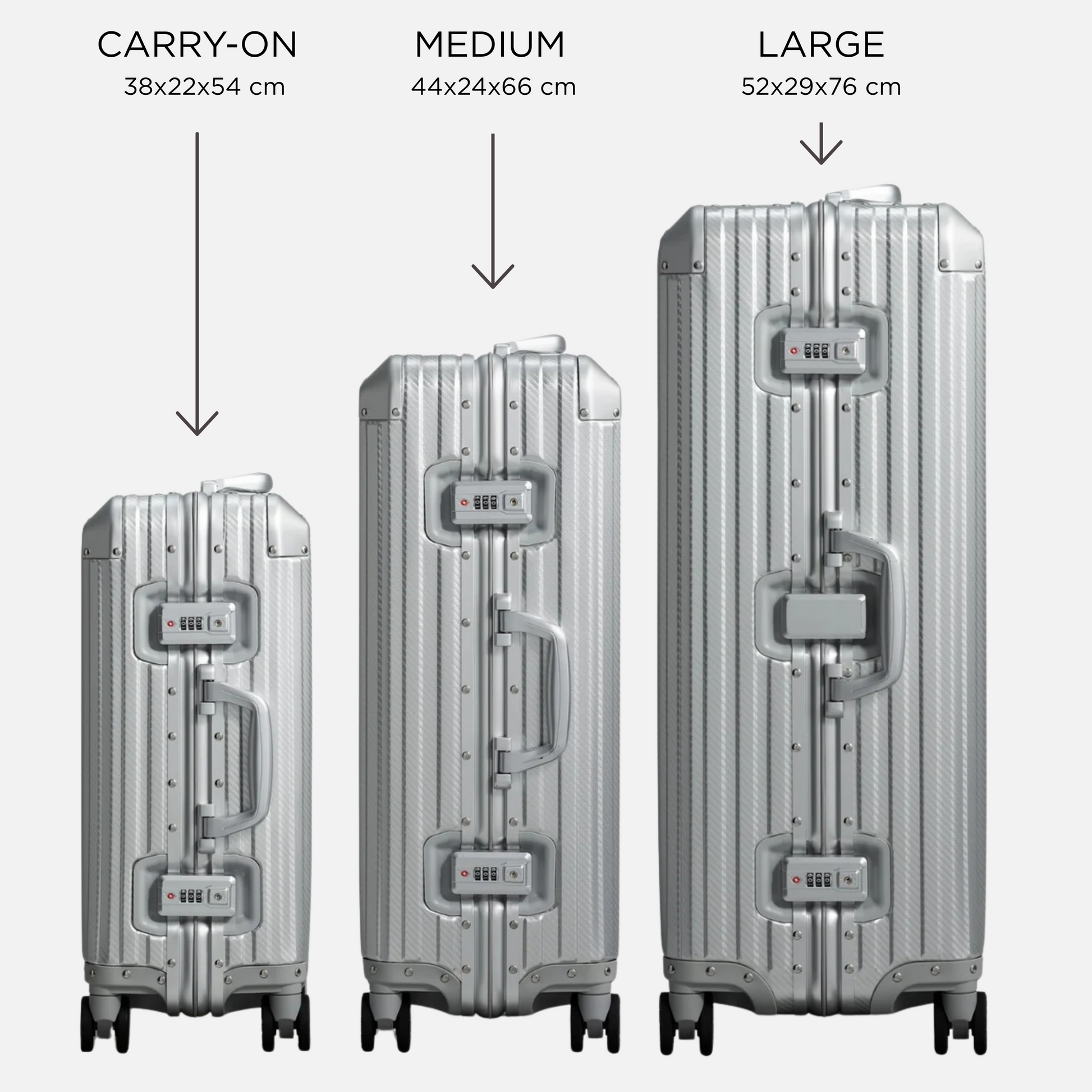 Nordcase Trava størrelsessammenligning - Carry-on, medium og large kufferter